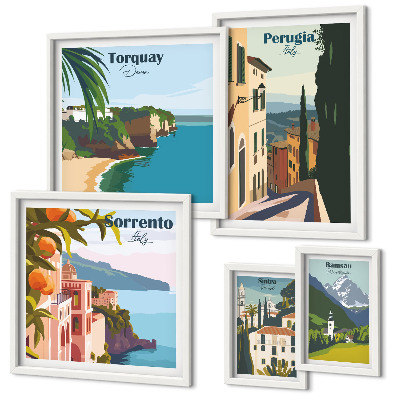 Conjunto de 5 quadros com moldura Cidades italianas pitorescas