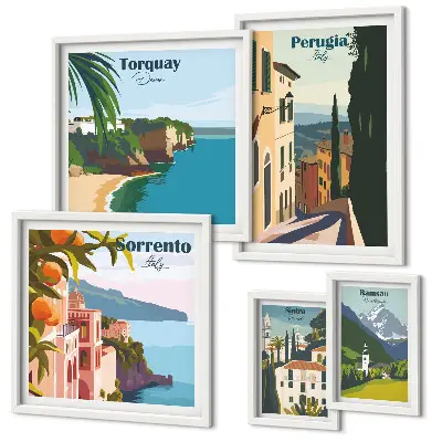 Conjunto de 5 quadros com moldura temática cidades italianas pitorescas