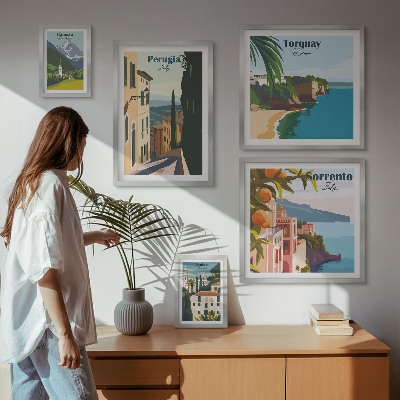 Conjunto de 5 quadros com moldura Cidades italianas pitorescas