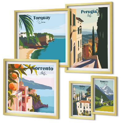 Conjunto de 5 quadros com moldura Cidades italianas pitorescas