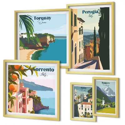 Conjunto de 5 quadros com moldura temática cidades italianas pitorescas