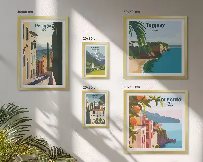 Conjunto de 5 quadros com moldura temática cidades italianas pitorescas