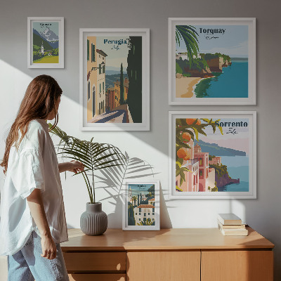 Conjunto de 5 quadros com moldura Cidades italianas pitorescas