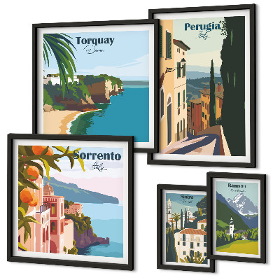 Conjunto de 5 quadros com moldura Cidades italianas pitorescas