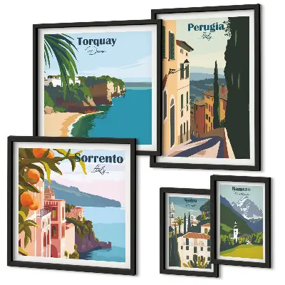 Conjunto de 5 quadros com moldura temática cidades italianas pitorescas