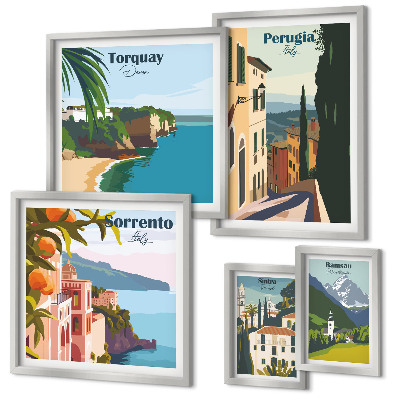 Conjunto de 5 quadros com moldura Cidades italianas pitorescas