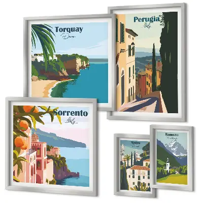 Conjunto de 5 quadros com moldura temática cidades italianas pitorescas