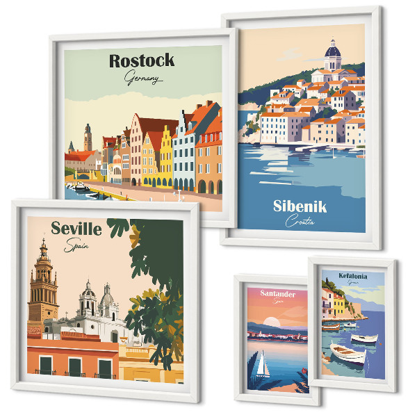 Conjunto de 5 quadros decorativos Paisagens de cidades costeiras