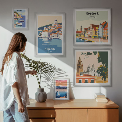 Conjunto de 5 quadros decorativos Paisagens de cidades costeiras