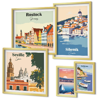 Conjunto de 5 quadros decorativos Paisagens de cidades costeiras