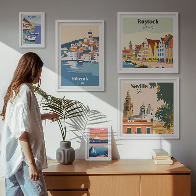 Conjunto de 5 quadros decorativos Paisagens de cidades costeiras