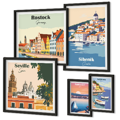 Conjunto de 5 quadros decorativos Paisagens de cidades costeiras