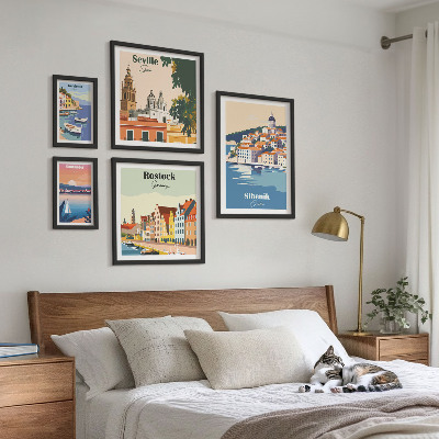 Conjunto de 5 quadros decorativos Paisagens de cidades costeiras