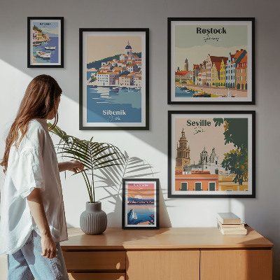 Conjunto de 5 quadros decorativos Paisagens de cidades costeiras