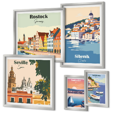 Conjunto de 5 quadros decorativos Paisagens de cidades costeiras