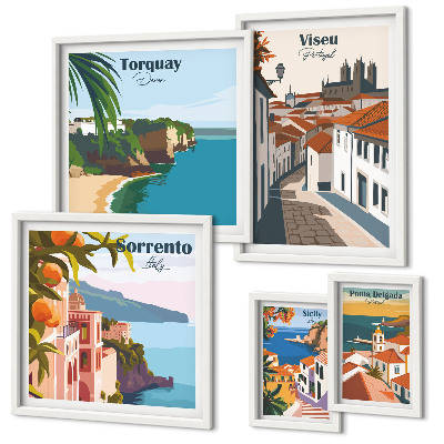 Conjunto de 5 quadros com moldura Cidades pitorescas da Europa