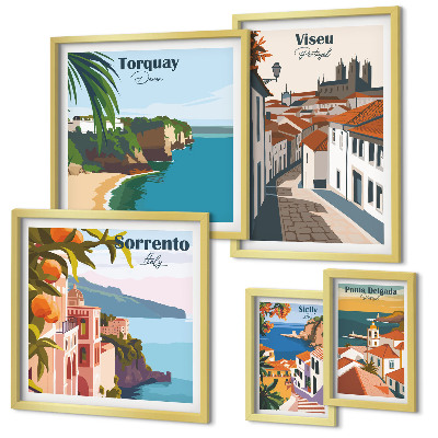 Conjunto de 5 quadros com moldura Cidades pitorescas da Europa
