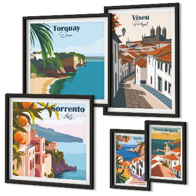 Conjunto de 5 quadros com moldura Cidades pitorescas da Europa