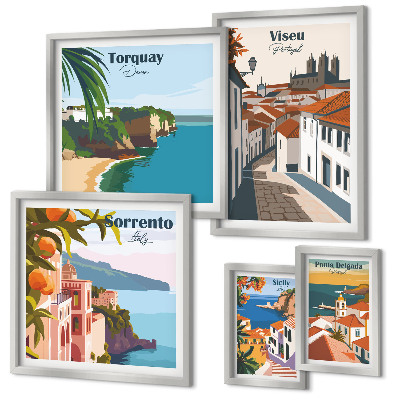 Conjunto de 5 quadros com moldura Cidades pitorescas da Europa