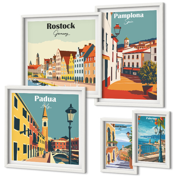 Conjunto de 5 quadros com moldura Vistas das cidades europeias e arquitetura