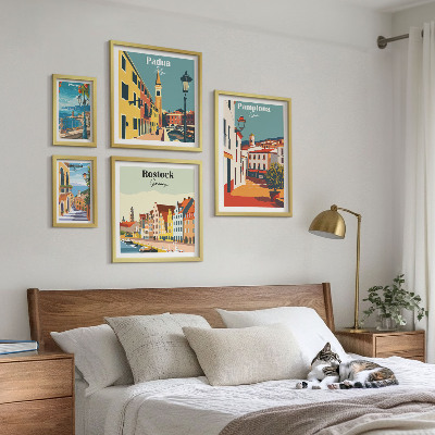Conjunto de 5 quadros com moldura Vistas das cidades europeias e arquitetura