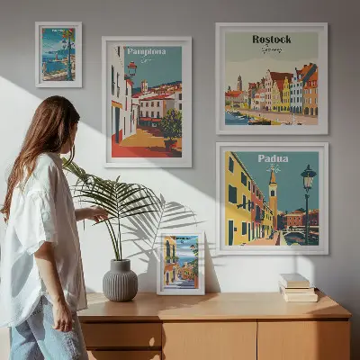 Conjunto de 5 quadros com moldura com vistas de cidades europeias e arquitetura