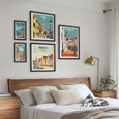 Conjunto de 5 quadros com moldura Vistas das cidades europeias e arquitetura
