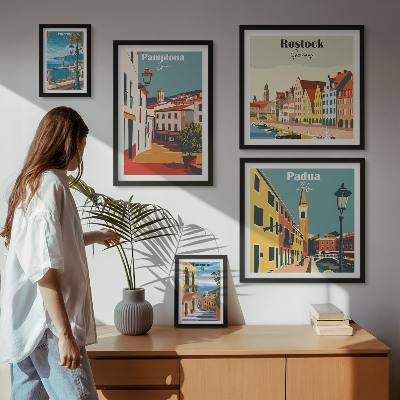 Conjunto de 5 quadros com moldura Vistas das cidades europeias e arquitetura