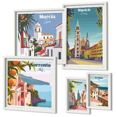 Conjunto de 5 quadros decorativos arquitetura das cidades europeias