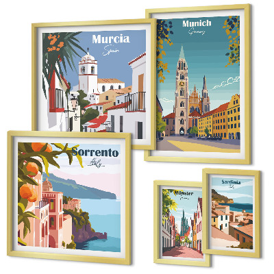 Conjunto de 5 quadros decorativos arquitetura das cidades europeias