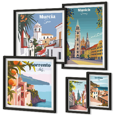 Conjunto de 5 quadros decorativos arquitetura das cidades europeias
