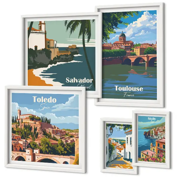Conjunto de 5 quadros com moldura de paisagens com vistas de cidades europeias