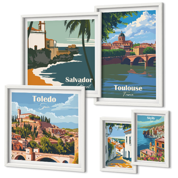 Conjunto de 5 quadros com moldura vistas das cidades europeias paisagens