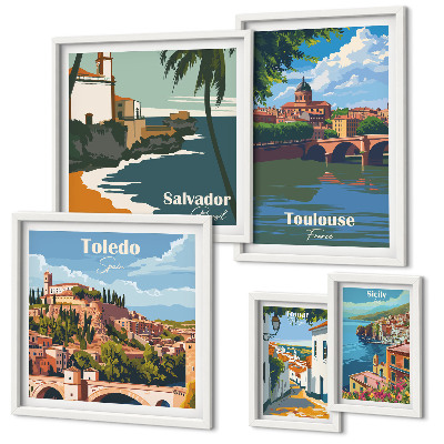 Conjunto de 5 quadros com moldura vistas das cidades europeias paisagens
