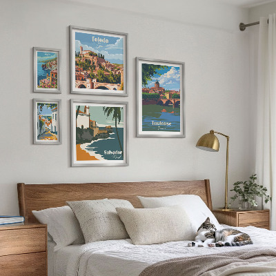 Conjunto de 5 quadros com moldura vistas das cidades europeias paisagens