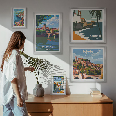 Conjunto de 5 quadros com moldura vistas das cidades europeias paisagens