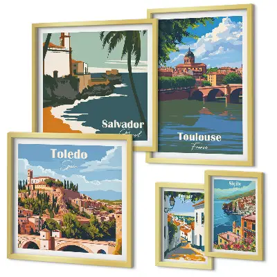 Conjunto de 5 quadros com moldura de paisagens com vistas de cidades europeias