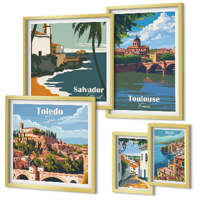 Conjunto de 5 quadros com moldura vistas das cidades europeias paisagens