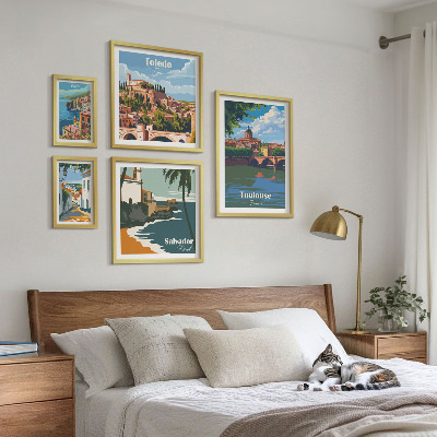 Conjunto de 5 quadros com moldura vistas das cidades europeias paisagens