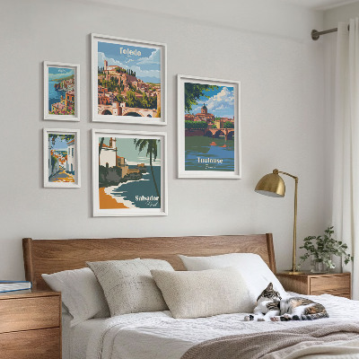 Conjunto de 5 quadros com moldura vistas das cidades europeias paisagens