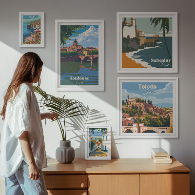 Conjunto de 5 quadros com moldura vistas das cidades europeias paisagens