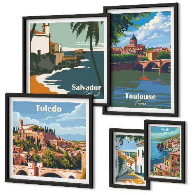 Conjunto de 5 quadros com moldura vistas das cidades europeias paisagens