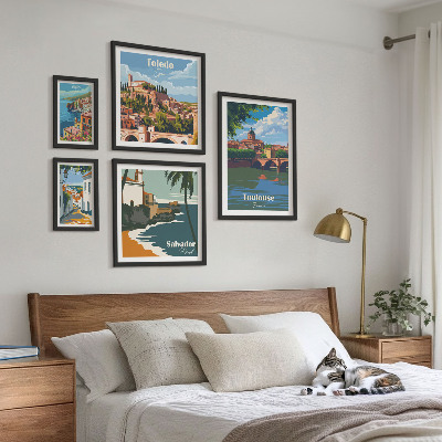 Conjunto de 5 quadros com moldura vistas das cidades europeias paisagens