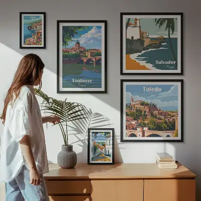 Conjunto de 5 quadros com moldura de paisagens com vistas de cidades europeias