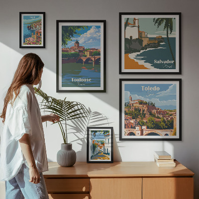 Conjunto de 5 quadros com moldura vistas das cidades europeias paisagens