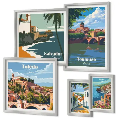 Conjunto de 5 quadros com moldura de paisagens com vistas de cidades europeias