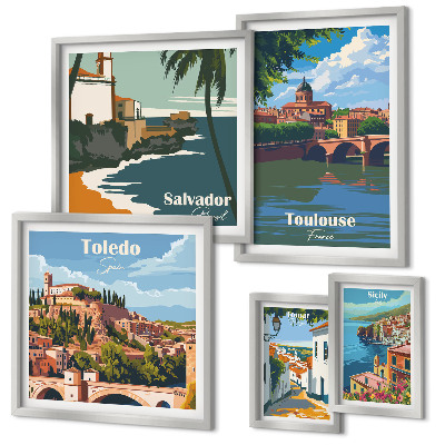 Conjunto de 5 quadros com moldura vistas das cidades europeias paisagens
