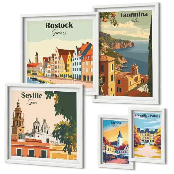 Conjunto de 5 quadros decorativos de paisagens de cidades europeias