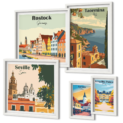 Conjunto de 5 quadros decorativos Paisagens de cidades europeias