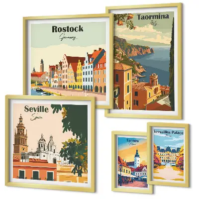 Conjunto de 5 quadros decorativos de paisagens de cidades europeias
